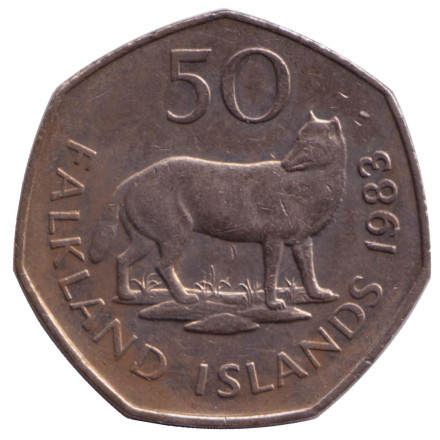 Монета 50 пенсов. 1983 год, Фолклендские острова. Лисица.