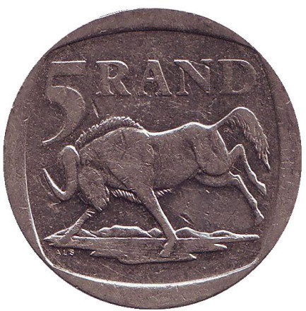 Монета 5 рандов. 2001 год, ЮАР. Антилопа гну.