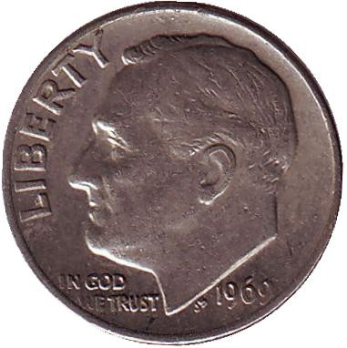 Монета 10 центов. 1969 (P) год, США. Рузвельт.