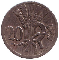 Монета 20 геллеров. 1926 год, Чехословакия.
