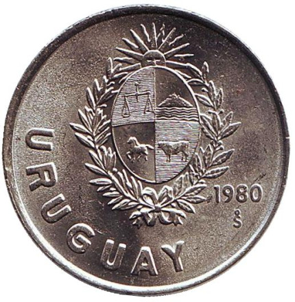 Монета 1 новый песо. 1980 год, Уругвай. XF.