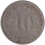 Монета 10 пфеннигов. 1905 год (D), Германская империя. Монета 10 пфеннигов. 1905 год (D), Германская империя.