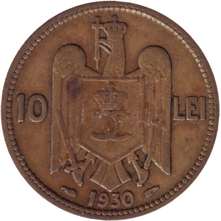 Монета 10 лей. 1930 год, Румыния. Отметка монетного двора: "раковина и крыло". Париж.