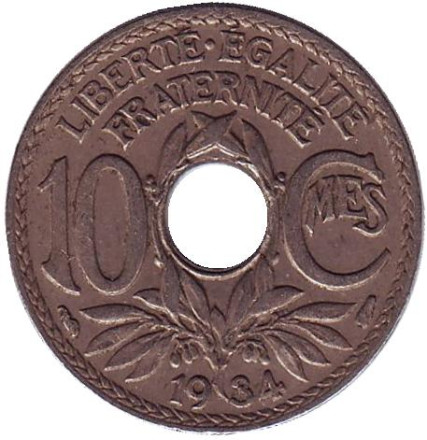 Монета 10 сантимов. 1934 год, Франция.