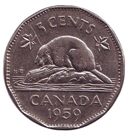 Монета 5 центов, 1959 год, Канада. Бобр.