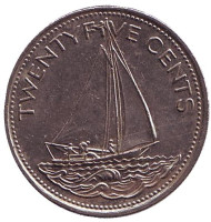 Парусник. Монета 25 центов. 1998 год, Багамские острова.