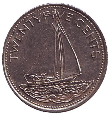 Монета 25 центов. 1998 год, Багамские острова. Парусник.