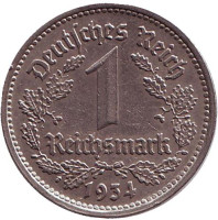 Монета 1 рейхсмарка. 1934 (G) год, Третий Рейх (Германия).