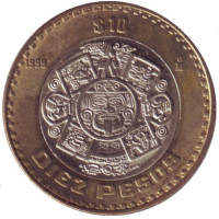 Тонатиу. Ацтекский солнечный камень. Орел. Монета 10 песо. 1999 год, Мексика. 