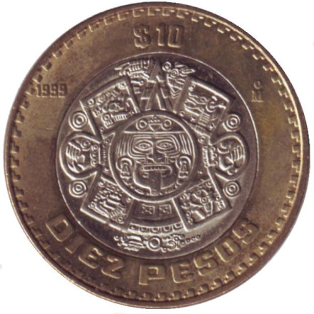 Монета 10 песо. 1999 год, Мексика. Тонатиу. Ацтекский солнечный камень. Орел.