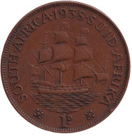 Монета 1 пенни. 1938 год, Южная Африка. Корабль "Дромедарис". Монета 1 пенни. 1938 год, Южная Африка. Корабль "Дромедарис".