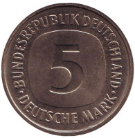 Монета 5 марок. 1977 год (F), ФРГ. UNC.