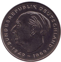 Теодор Хойс. Монета 2 марки. 1982 год (D), ФРГ. UNC.