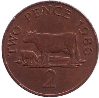 Корова. Монета 2 пенса. 1986 год, Гернси.