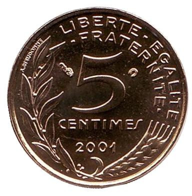 Монета 5 сантимов. 2001 год, Франция. BU.
