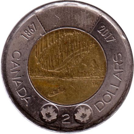 Монета 2 доллара. 2017 год, Канада. 150 лет Конфедерации Канада. Полярное сияние. Из обращения.