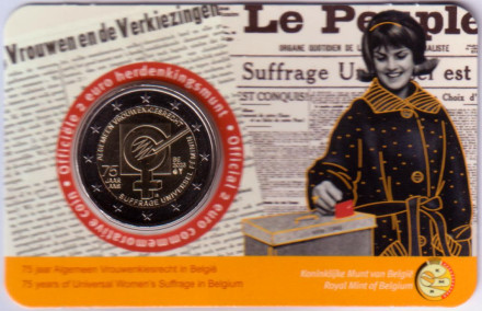 Монета 2 евро. 2023 год, Бельгия. 75 лет женского избирательного права в Бельгии. (Надпись: Belgie).