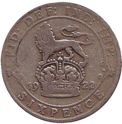 Монета 6 пенсов. 1922 год, Великобритания.