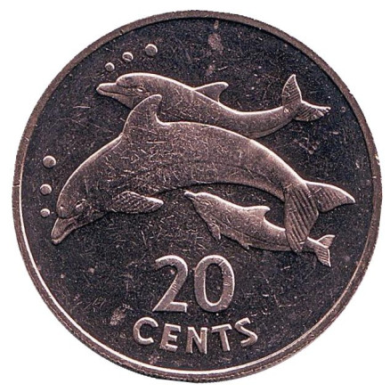 Монета 20 центов. 1979 год, Кирибати. Дельфины.