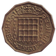 Монета 3 пенса. 1960 год, Великобритания. Монета 3 пенса. 1960 год, Великобритания.