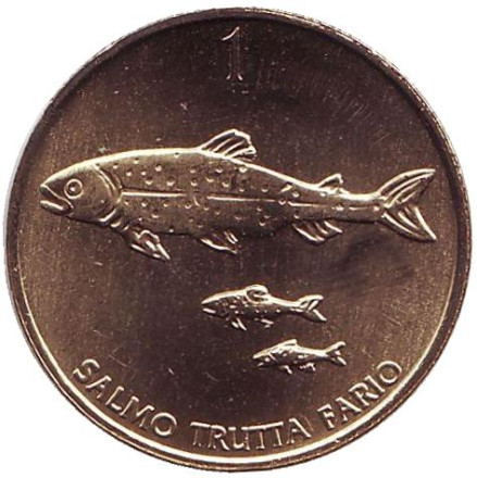 Монета 1 толар. 1999 год, Словения. UNC. Ручьевая форель.