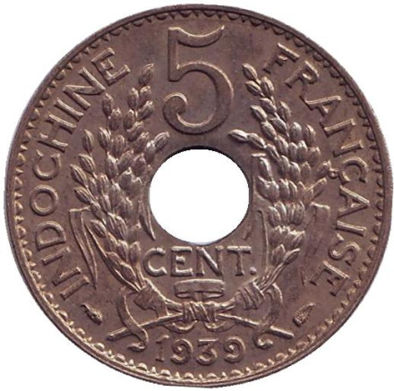 Монета 5 сантимов. 1939 год, Французский Индокитай. XF.
