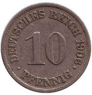 Монета 10 пфеннигов. 1906 год (A), Германская империя. Монета 10 пфеннигов. 1906 год (A), Германская империя.