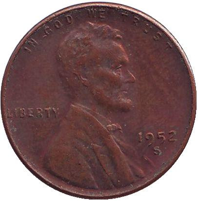 Монета 1 цент. 1952 год (S), США. Линкольн.
