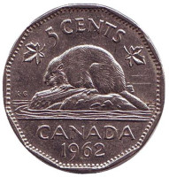 Бобр. Монета 5 центов, 1962 год, Канада.