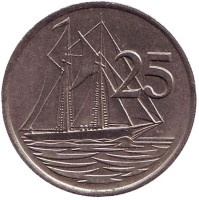 Парусник. Монета 25 центов. 1987 год, Каймановы острова. 