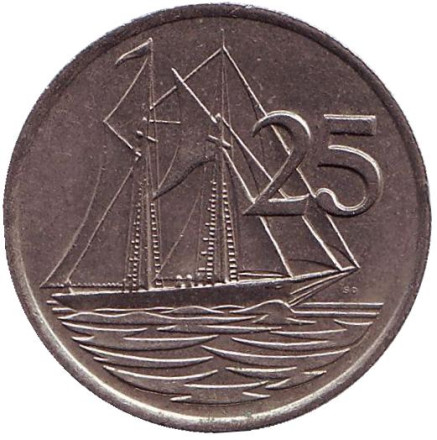 Монета 25 центов. 1987 год, Каймановы острова. Парусник.