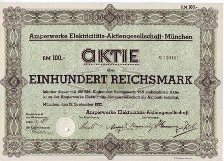 Электроэнергетическое акционерное общество. Акция 100 рейхсмарок. Мюнхен, 1932 год, Веймарская республика.