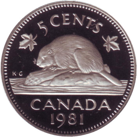 Монета 5 центов. 1981 год, Канада. (Proof). Бобр.