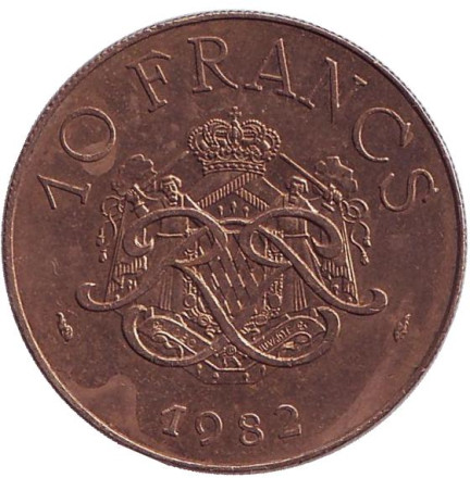 Монета 10 франков. 1982 год, Монако. Князь Монако Ренье III.
