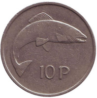 Лосось. Монета 10 пенсов. 1985 год, Ирландия.