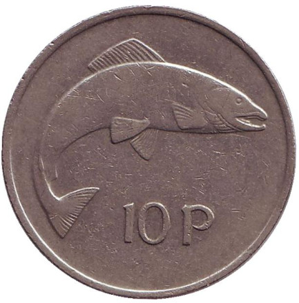 Монета 10 пенсов. 1985 год, Ирландия. Лосось.