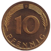 Дубовые листья. Монета 10 пфеннигов. 1977 год (G), ФРГ. UNC.