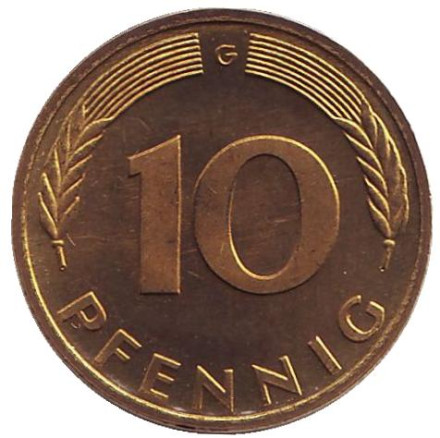Монета 10 пфеннигов. 1977 год (G), ФРГ. UNC. Дубовые листья.