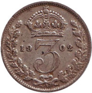 Монета 3 пенса. 1902 год, Великобритания. Монета 3 пенса. 1902 год, Великобритания.