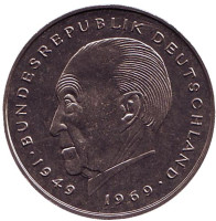 Конрад Аденауэр. Монета 2 марки. 1982 год (D), ФРГ. UNC.