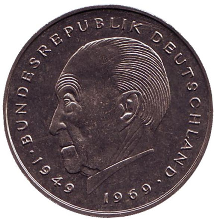 Монета 2 марки. 1982 год (D), ФРГ. UNC. Конрад Аденауэр.