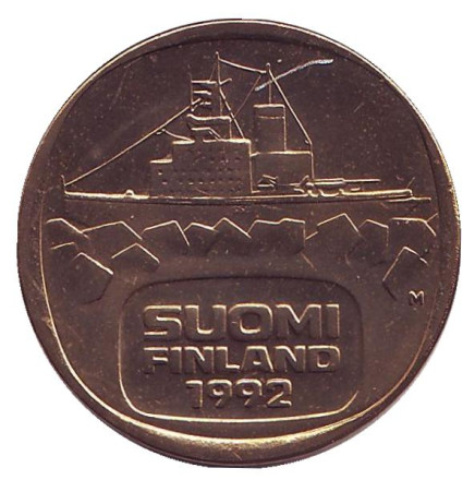 Монета 5 марок. 1992 год, Финляндия. UNC. Ледокол Урхо.