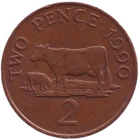 Корова. Монета 2 пенса. 1990 год, Гернси.