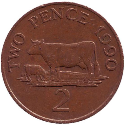 Монета 2 пенса. 1990 год, Гернси. Корова.