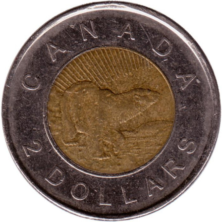 Монета 2 доллара. 2006 год, Канада. 10 лет с начала чекана монет номиналом 2 доллара. Полярный медведь. Из обращения.