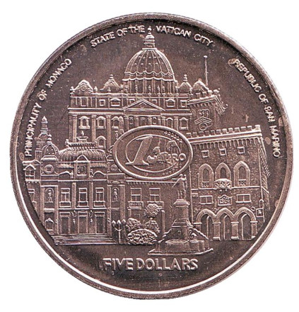 Монета 5 долларов. 2002 год, Либерия. Введение Евро в Монако, Ватикан и Сан-Марино.