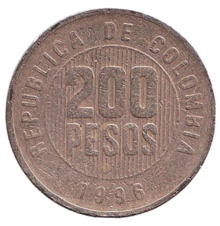 Монета 200 песо. 1996 год, Колумбия.