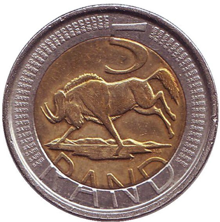 Монета 5 рандов. 2005 год, ЮАР. Антилопа гну.