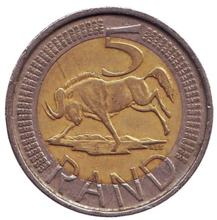 Монета 5 рандов. 2009 год, ЮАР. Антилопа гну.