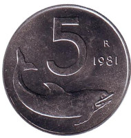 Монета 5 лир. 1981 год, Италия. Дельфин. Судовой руль. Монета 5 лир. 1981 год, Италия. Дельфин. Судовой руль.
